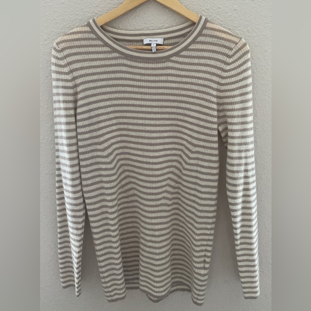 Reiss Beige and Cream Striped Ribbed Long-Sleeve Top